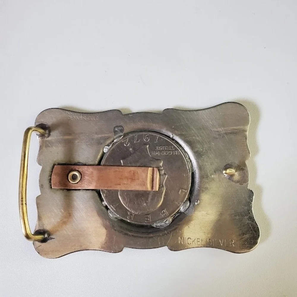 Vintage 1972 Eisenhower Dollar Coin Belt Buckle Nickel Silver Western Engraved